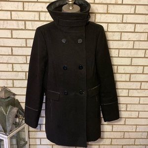 H&M / Black leather & wool feel jacket, open or tall collar. Size 12